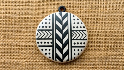 Unique round pendant with black and white designs on a textured background