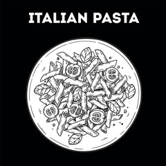 Italian pasta sketch. Vector drawing illustration. Italian food. Italian cuisine. Hand drawn. Top view. Not AI Generated.
