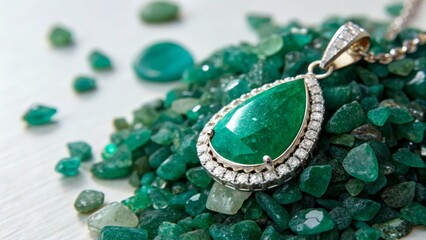 Emerald necklace placed on green gemstones with silver accents and shining details