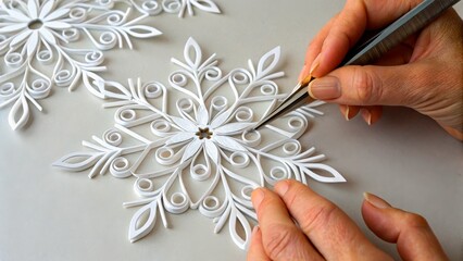 Crafting paper snowflakes for winter decorations in a workspace with white materials