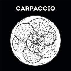 Sliced Carpaccio sketch. Vector drawing illustration. Italian food. Italian cuisine. Hand drawn. Top view. Not AI Generated.