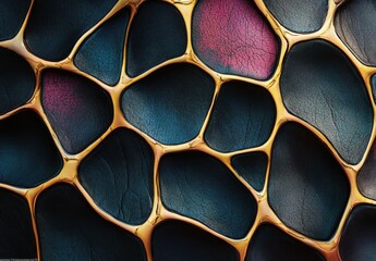 An abstract image showcasing a pattern of interconnected cells with rich textures and colors, resembling biological structures or artistic designs.