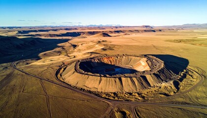 An open pit in the middle of desert with mountains and blue.