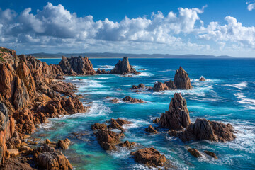 Rugged coastline with jagged rocky formations rising from turquoise ocean waters under a bright blue sky scattered with fluffy white clouds on a sunny day