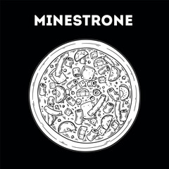 Minestrone vegetable soup sketch. Vector drawing illustration. Italian food. Italian cuisine. Hand drawn. Top view. Not AI Generated.