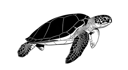 Detailed monochrome vector illustration showcasing a sea turtle swimming in the ocean