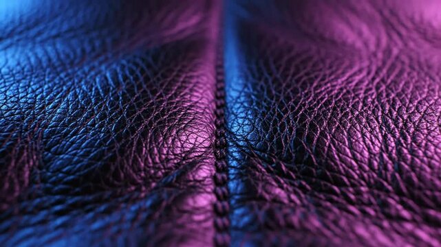 Close up view of stitched leather texture with vibrant blue and pink neon lighting reflecting on the surface
