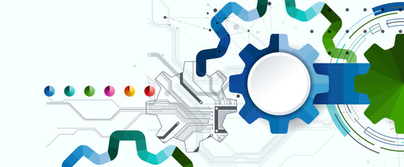 Stylized view of gears integrated with microcircuits. Concept of combining mechanics and electronics.