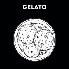 Gelato ice cream sketch. Vector drawing illustration. Italian food. Italian cuisine. Hand drawn. Top view. Not AI Generated.