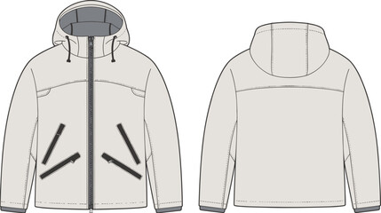 Hooded winter jacket fashion flat, technical CAD drawing, front and back view, vector illustration, apparel design template for clothing industry
