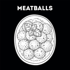 Meatballs dish sketch. Vector drawing illustration. Italian food. Italian cuisine. Hand drawn. Top view. Not AI Generated.