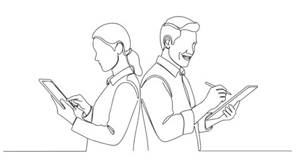 Continuous one line art vector illustration of a man and woman back to back, each using a tablet device, in a minimalist style
