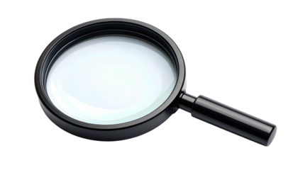 A close-up of a magnifying glass on black background. It appears shiny and transparent
