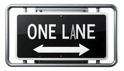 Black and white road sign, "ONE LANE" with arrows, mounted in a metal frame