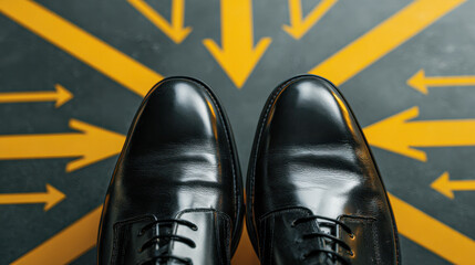 Man wearing polished black leather dress shoes standing on ground with multiple yellow arrows pointing in various directions symbolizing choice and decision-making