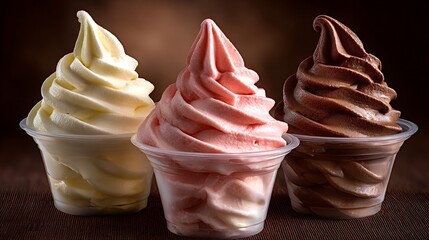Soft serve ice creams in various flavors, including vanilla, strawberry, and chocolate, perfectly swirled and presented in clear plastic cups, offering a delicious frozen dessert experience