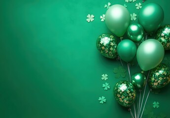 A vibrant arrangement of green balloons and shamrock decorations, perfect for St. Patrick's Day celebrations.