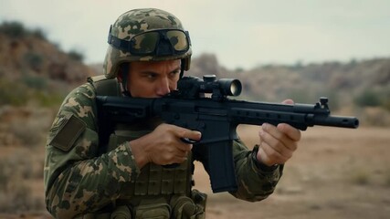 Military training exercise takes place in desert landscape with armed soldier preparing for action