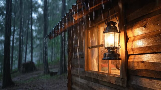 Rain-soaked log cabin glows with lantern light as a misty forest surrounds a quiet night near pines!