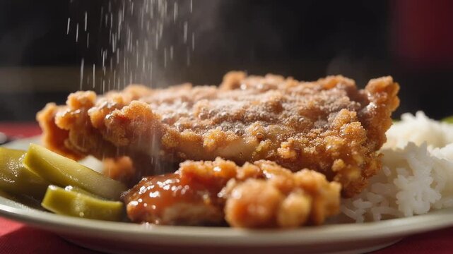 Seasoning being sprinkled onto crispy fried steak or chicken cutlet served with rice and pickles