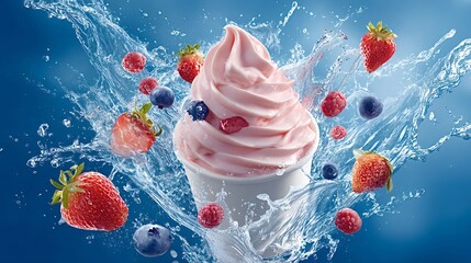 Pink frozen yogurt swirl in a white cup with strawberries, blueberries and raspberries splashing in clear water against a vibrant blue background, refreshing summer treat