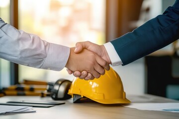 Two hands shake over a desk, with a yellow hard hat in the foreground, symbolizing partnership and collaboration in a professional setting.