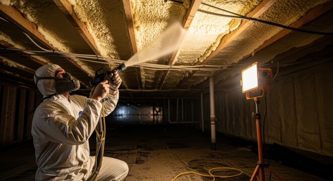 Applying airtight spray foam insulation in crawl space of family home to prevent heat loss during cold seasons in energy retrofit process.