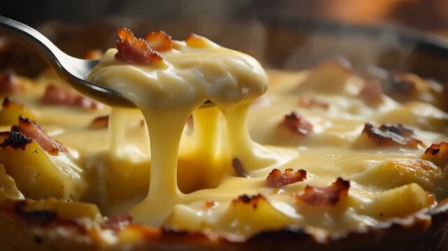 Close-up of cheesy pull melted cheese dripping from a spoon over a savory dish topped with crispy bacon