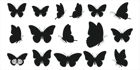 Fototapeta premium Collection of Black Butterfly Silhouettes in Various Poses and Angles vector illustration