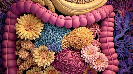 Intestine artwork depicting a vibrant microbiome as blooming flowers and bacteria, symbolizing gut health, nutrition, and the complex biological environment of the digestive system