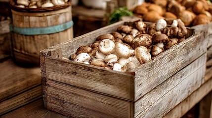 Freshly picked organic mushrooms, including cremini and button varieties, filling a weathered wooden crate at an indoor market, presenting healthy natural ingredients for cooking