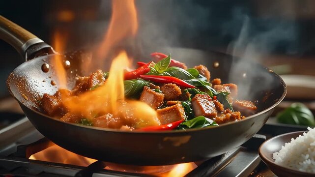Crispy pork and basil stir-fry cooking in a hot wok over an open flame with steam rising a popular thai street food dish.