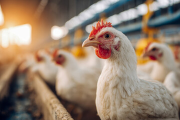 White chickens inside a large industrial farm with soft natural sunlight shining in the background creating a warm and natural atmosphere