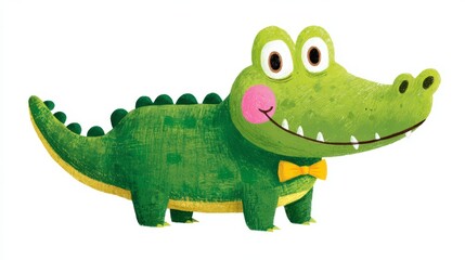 Obraz premium Bright Green Cartoon Style Alligator Standing Alone Cute Character Illustration