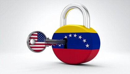 Heart-shaped padlock with Venezuela flag and US flag key inserted, symbolizing influence and diplomacy.