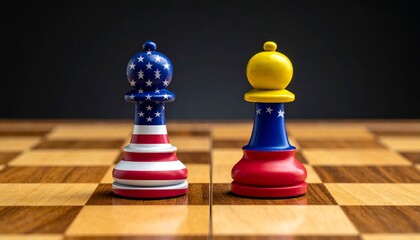 US and Colombia pawns on wooden chessboard under dark background, symbolizing rivalry and diplomacy.