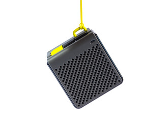 Wireless music speaker isolated on white. A modern grey audio gadget with yellow details, perfect for technology and entertainment concepts.