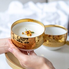 Elegant White Soup Served in Hammered Gold Rimmed Bowls Held by Gentle Hands Soft Indoor Lighting and a Shallow Depth of Field