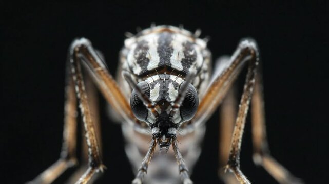 Extreme close-up of mosquito's face showing detailed features with black background, macro insect