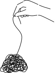 絡まる糸をほどく手、逆境や解決を象徴シンプル線画