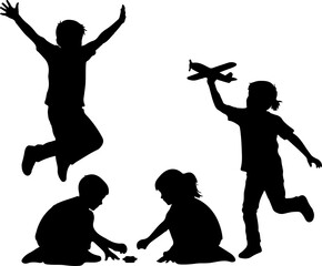 vector Silhouette of Active Children Playing Outdoors