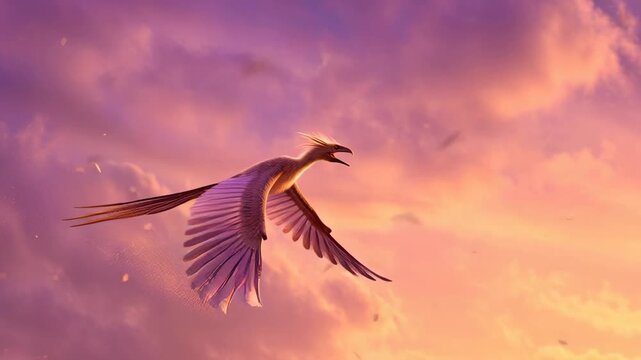 Majestic Phoenix Creature Soaring Through Vibrant Cloudscape
