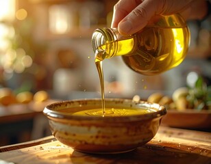 Hand Pouring Golden Olive Oil From Glass Bottle Into Ceramic Bowl With Warm Sunlight Lighting Creating An Appetizing Culinary Scene
