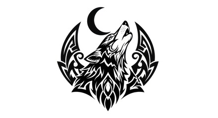 Obraz premium Monochromatic wolf design howling beneath the moon framed by ornate tribal art elements