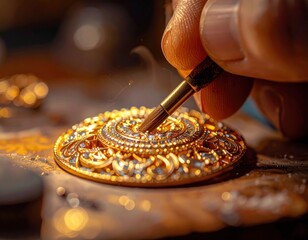 Close up Of A Jeweler Hand Intricately Crafting A Detailed Ornate Gold Brooch With Tiny Gems And Sparkling Dust Accents In A Workshop With Soft Warm Lighting