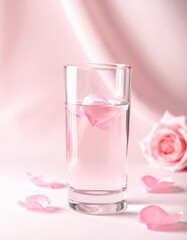Clear Glass of Pink Liquid with Floating Rose Petals and Soft Pink Fabric Backdrop