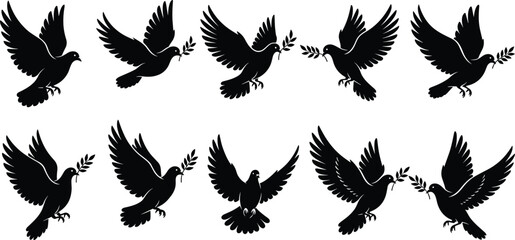 Flying dove bird silhouette collection, peace symbol with olive branch, multiple wing positions, minimalist black wildlife vector illustration isolated on white background