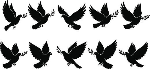 Flying dove bird silhouette set, peace symbol holding olive branch, graceful wing positions, elegant black avian wildlife vector illustration isolated on white background