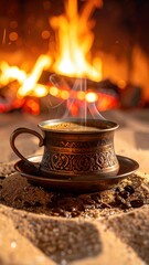 Steaming Hot Coffee In Ornate Metal Cup With Intricate Designs Sits On Sandy Surface In Front Of A Blazing Fireplace Warm Glow Evokes Cozy Atmosphere