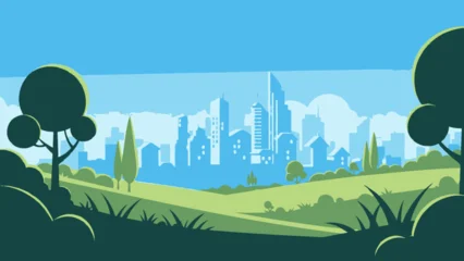 Fototapeten Blau Green park landscape with modern city skyline in the background, Urban nature scene under a blue sky.  © Apolobay